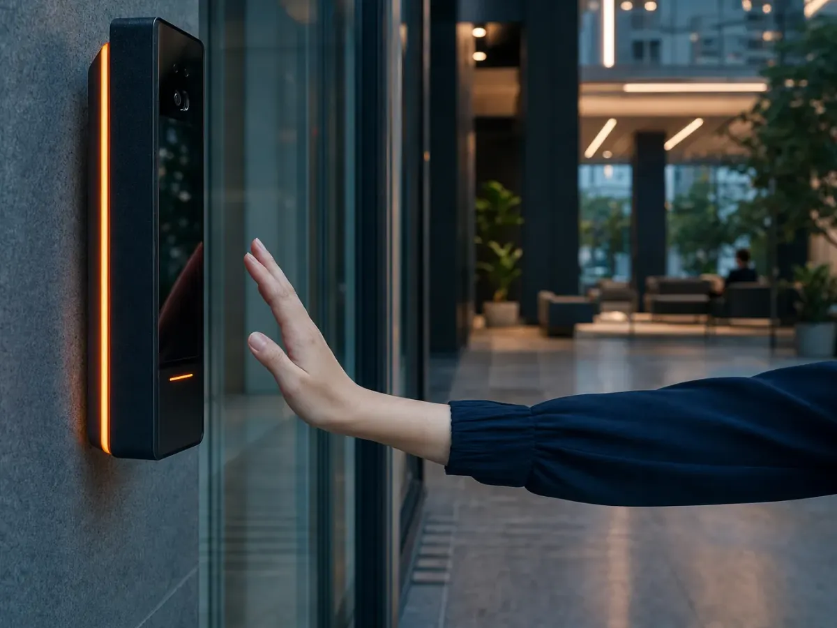 Resident holding a palm up to a glowing access terminal beside a glass lobby door