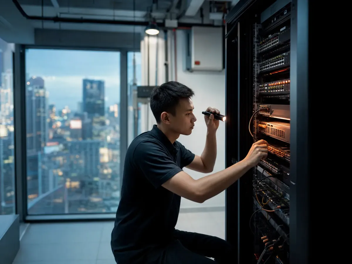 Technician with a torch checking a network rack in a building's equipment room