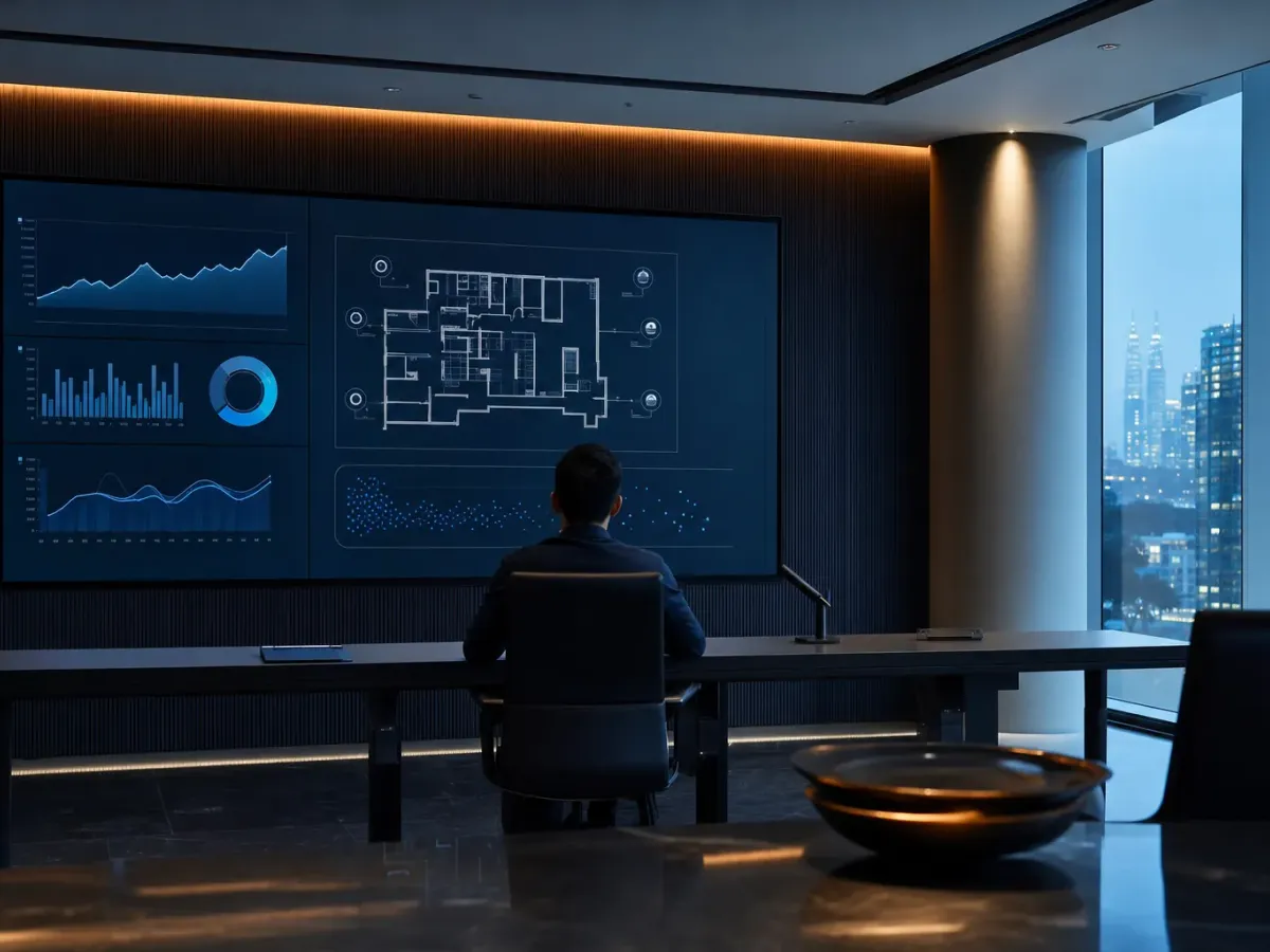 Building manager at a desk studying charts and a floor plan on a wall-sized dashboard