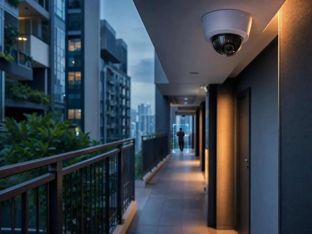Dome camera on a condominium corridor ceiling at dusk, with a person at the far end outlined by AI