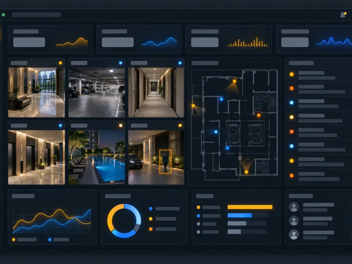Platform dashboard: camera grid, alert list, floor plan and KPI cards