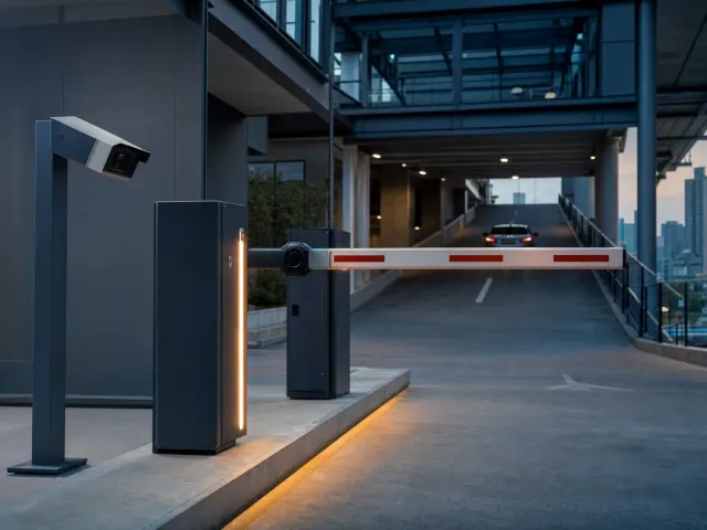 Car park ramp with a boom barrier and a number-plate camera, a car leaving in the distance