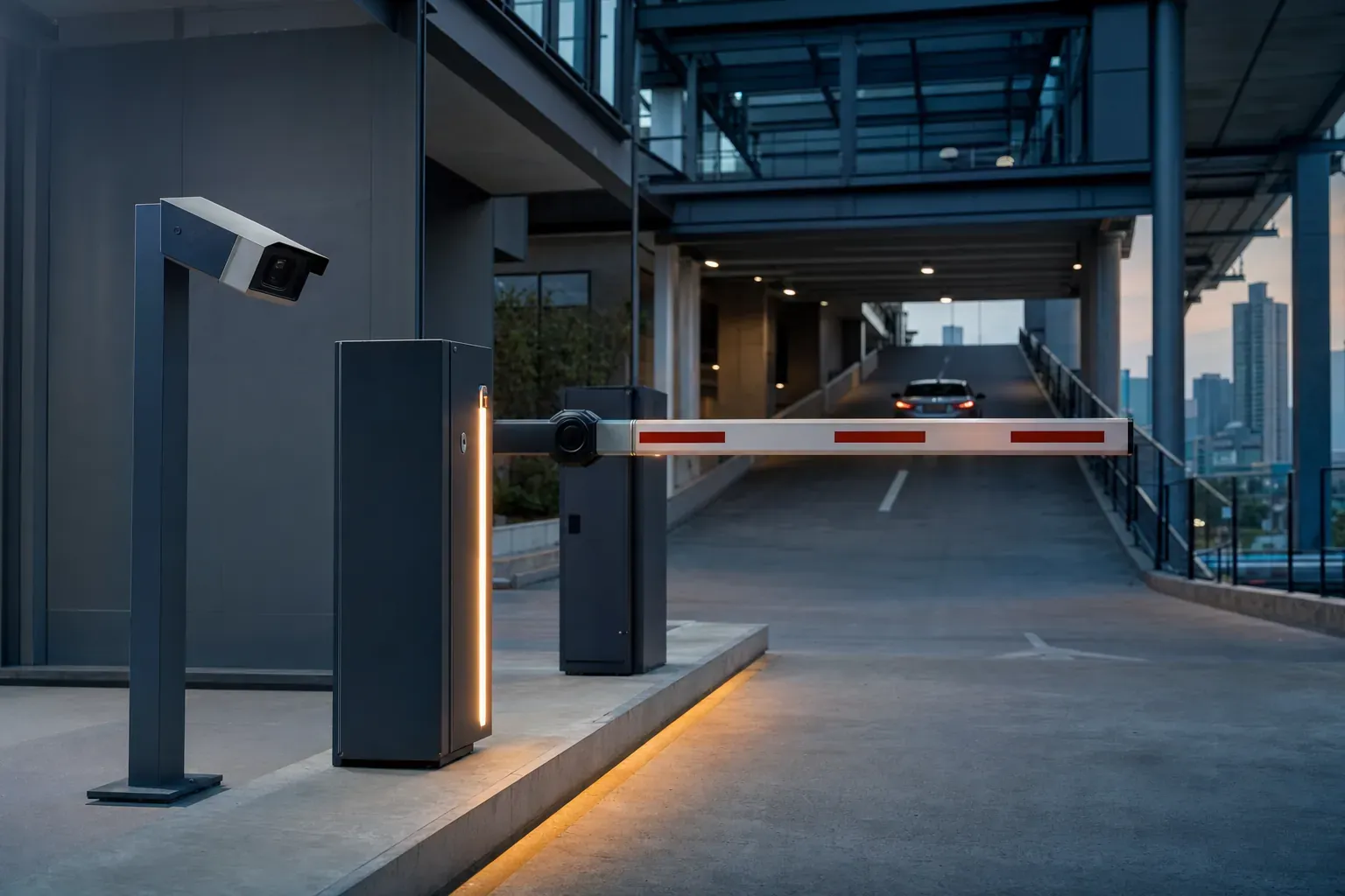 Car park ramp with a boom barrier and a number-plate camera, a car leaving in the distance