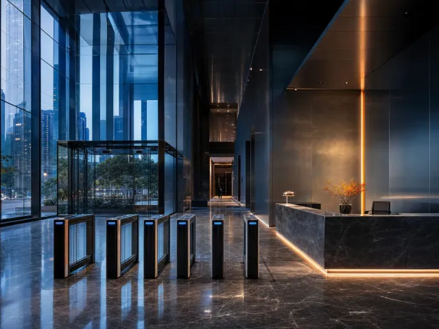 Office lobby with a row of speed-gate turnstiles and a marble reception desk