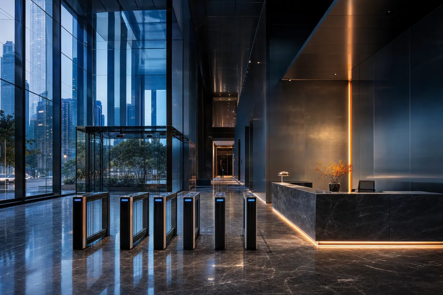 Office lobby with speed gates and a reception desk