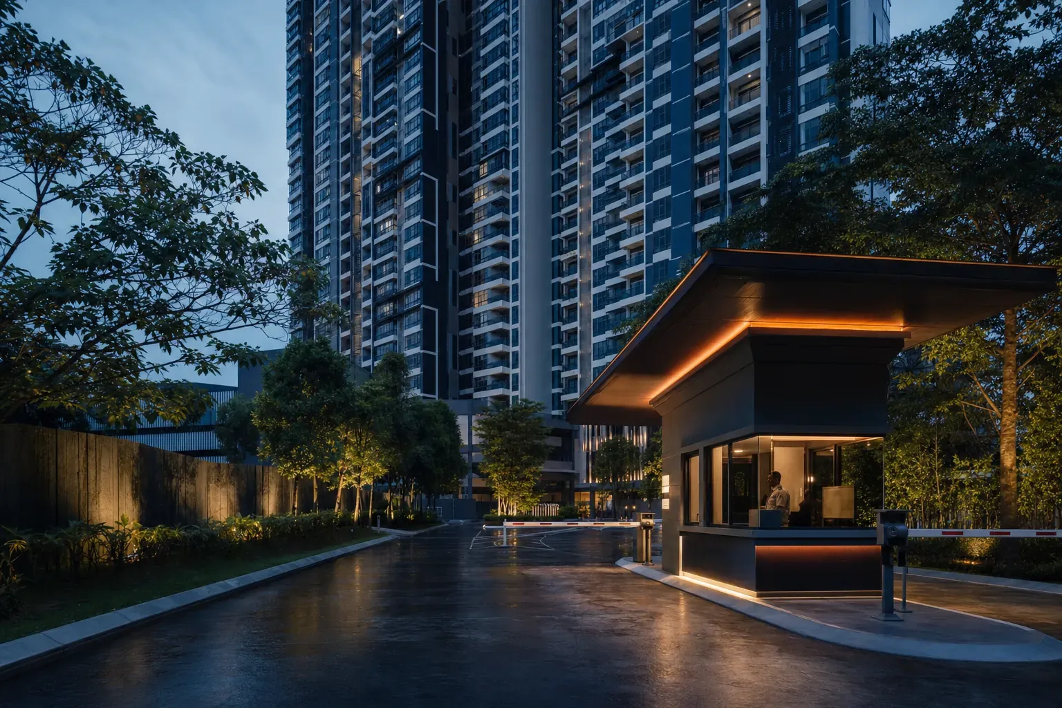 Condominium tower at dusk with a lit guardhouse and vehicle barrier at the entrance