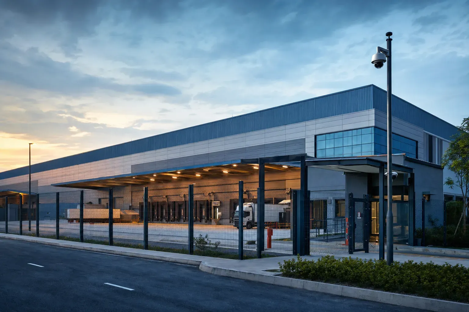 Fenced logistics warehouse with loading bays and a camera on a mast at the gate