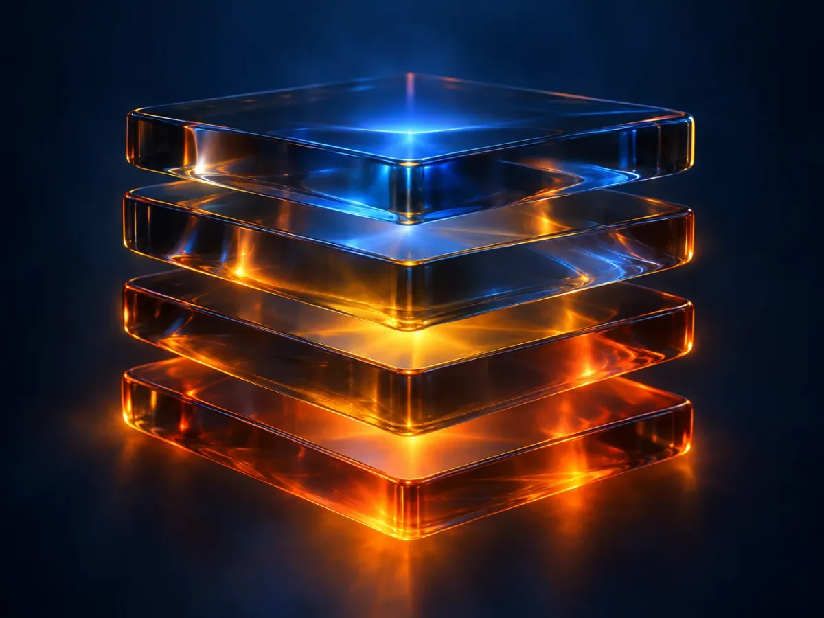 Layered translucent dark-glass panels lit from inside in amber and blue: the platform as one stack