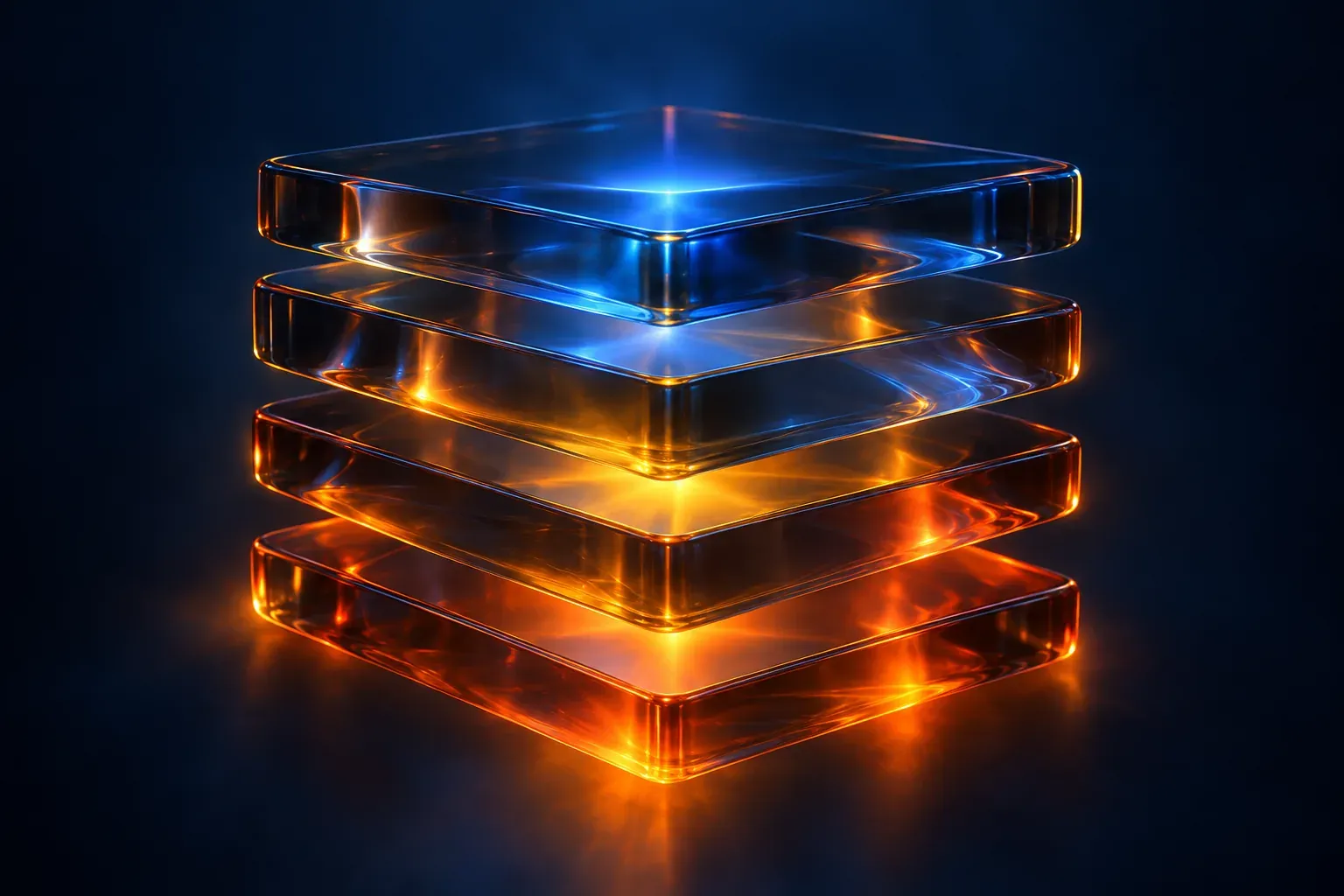 Layered translucent dark-glass panels lit from inside in amber and blue: the platform as one stack