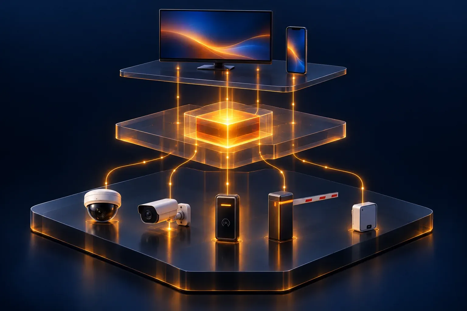 Isometric diagram: cameras, readers, barriers and sensors at the bottom, the AI monitoring core in the middle, a control-room screen and a phone on top