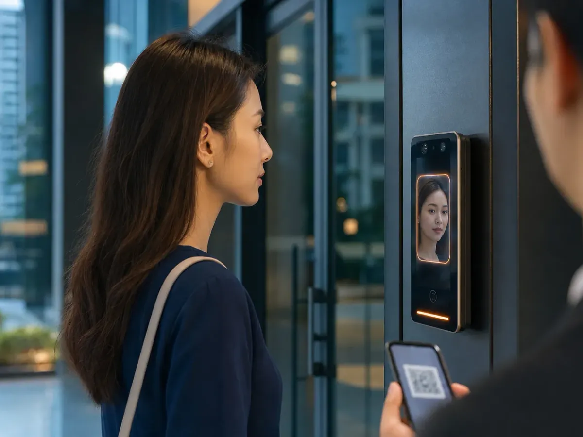 Resident entering a condominium lift lobby through a face-recognition terminal