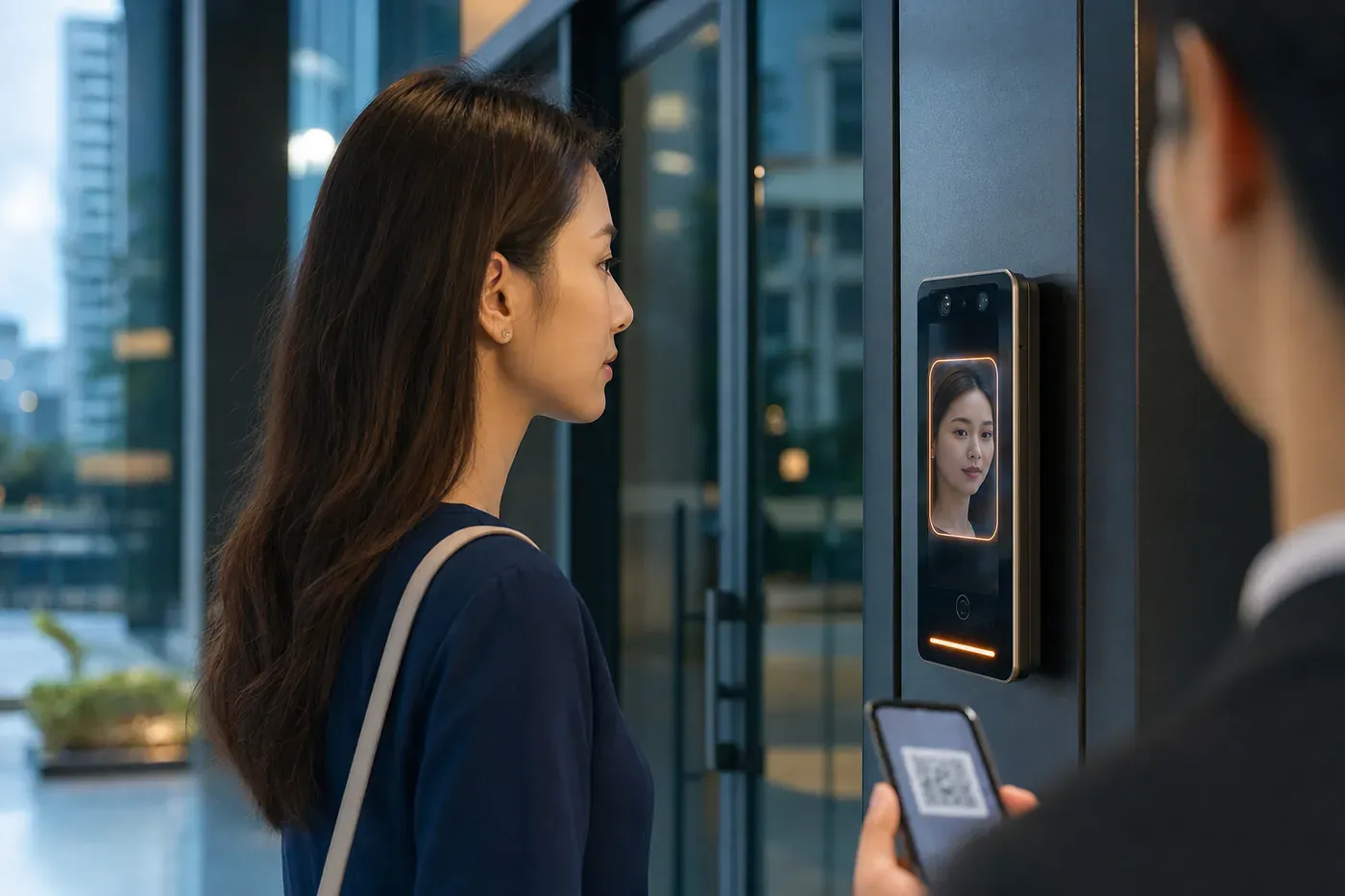 Resident entering a condominium lift lobby through a face-recognition terminal