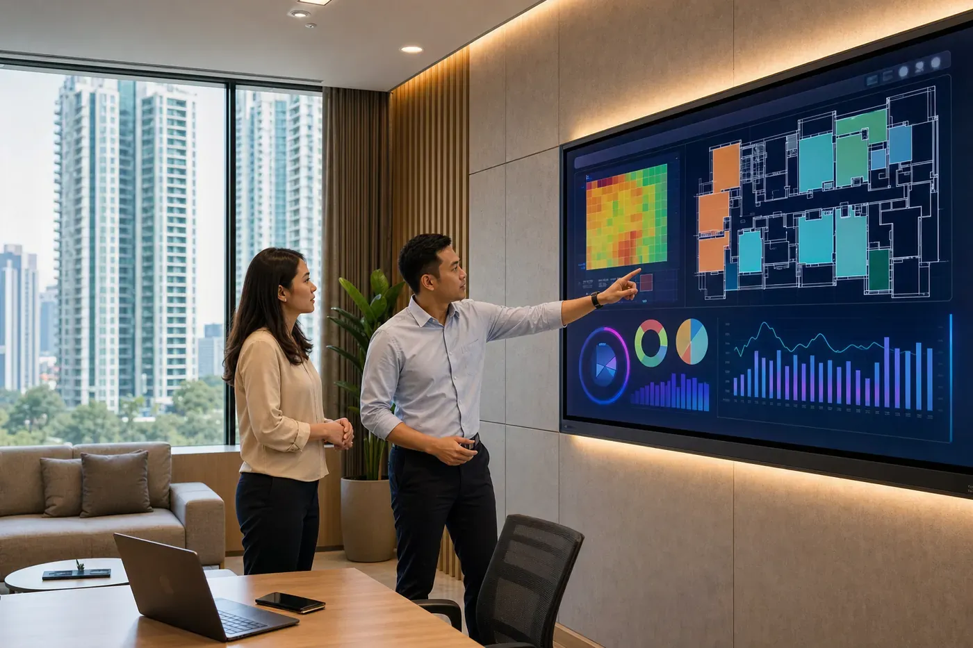 Building manager and committee member reviewing a condominium analytics dashboard