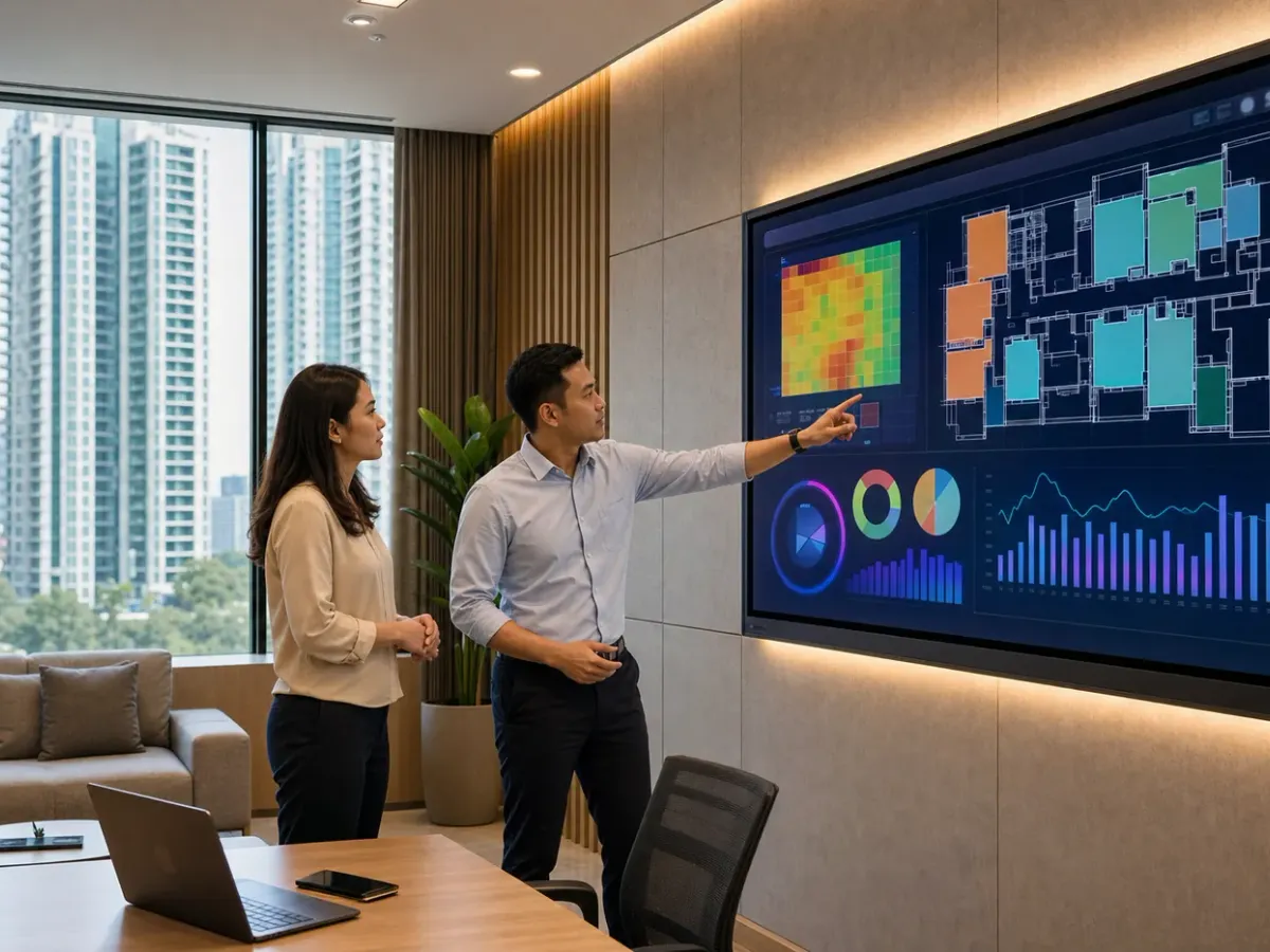 Building manager and committee member reviewing a condominium analytics dashboard