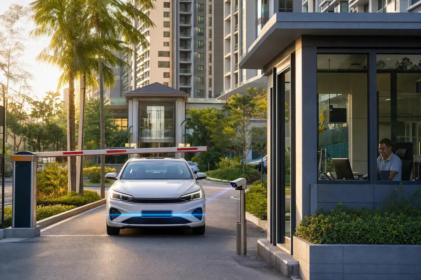 Car approaching a condominium boom barrier while a camera scans its number plate