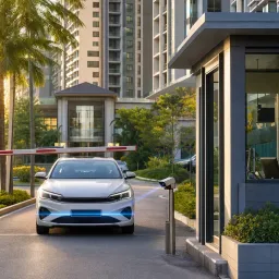 Car approaching a condominium boom barrier while a camera scans its number plate