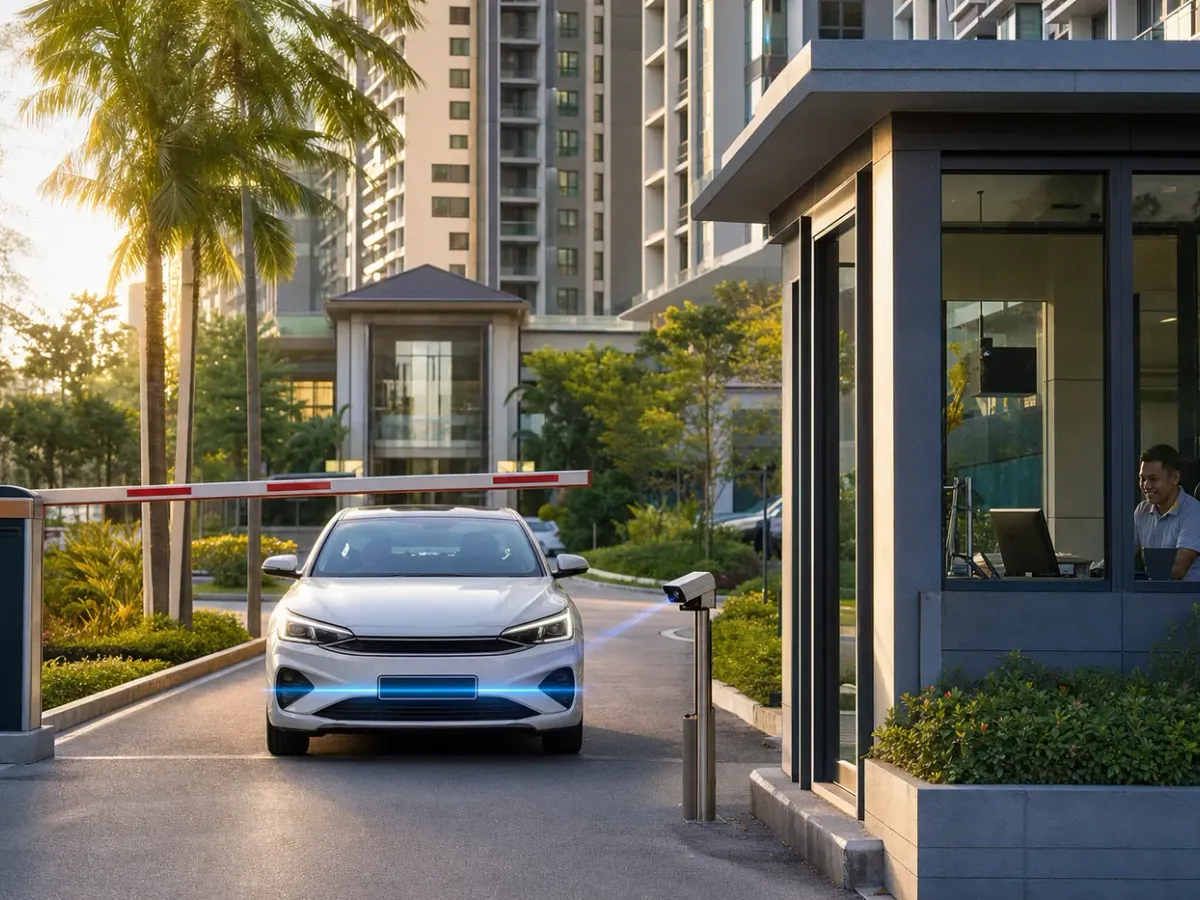 Car approaching a condominium boom barrier while a camera scans its number plate