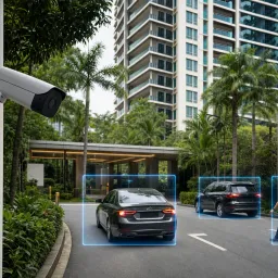 AI camera at a condominium driveway with detection boxes around cars and a pedestrian