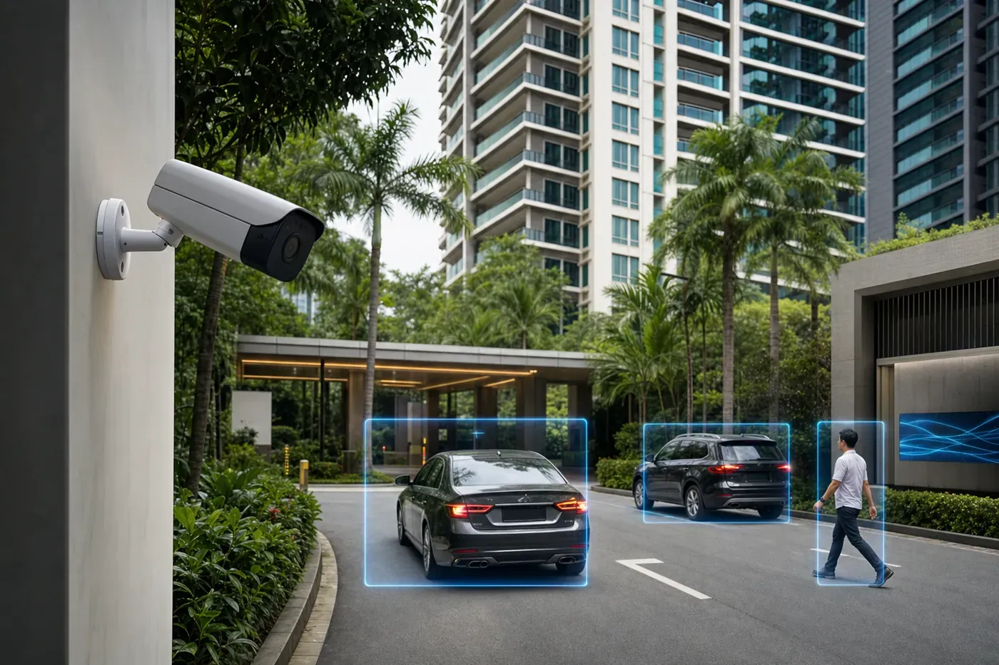 AI camera at a condominium driveway with detection boxes around cars and a pedestrian