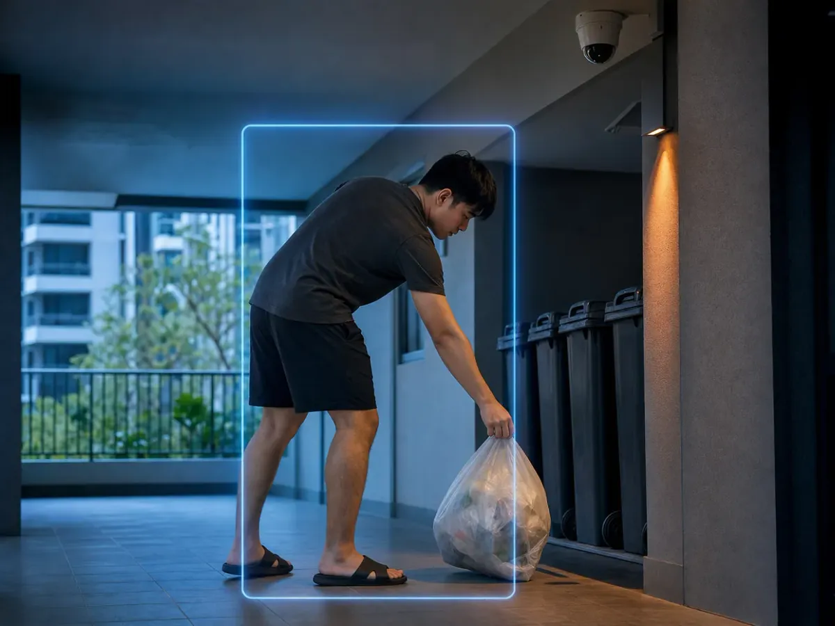 Ceiling camera in a condominium corridor detecting a resident dropping rubbish