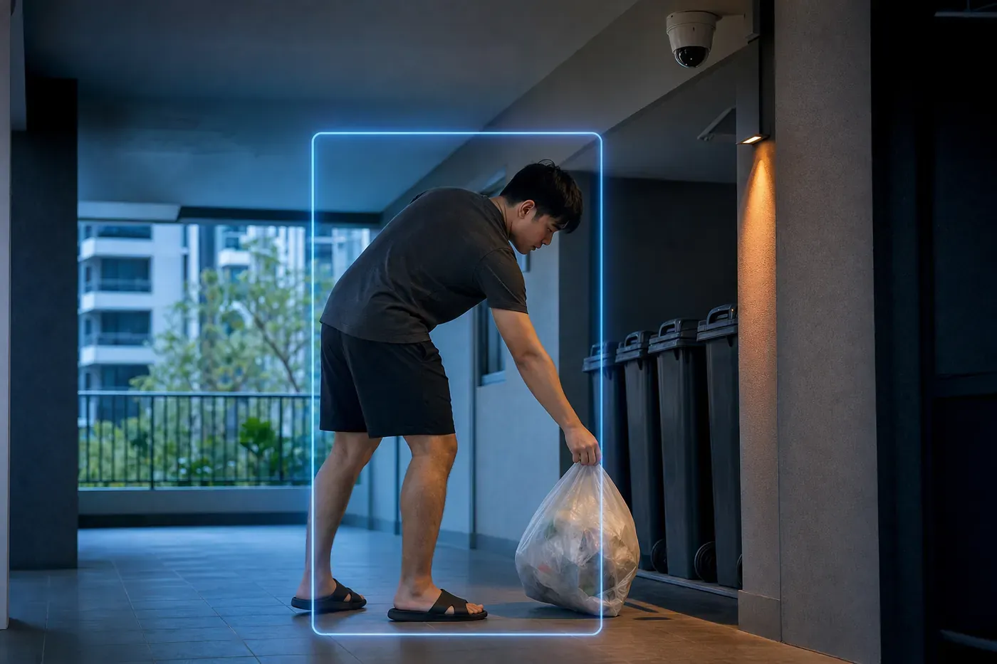 Ceiling camera in a condominium corridor detecting a resident dropping rubbish