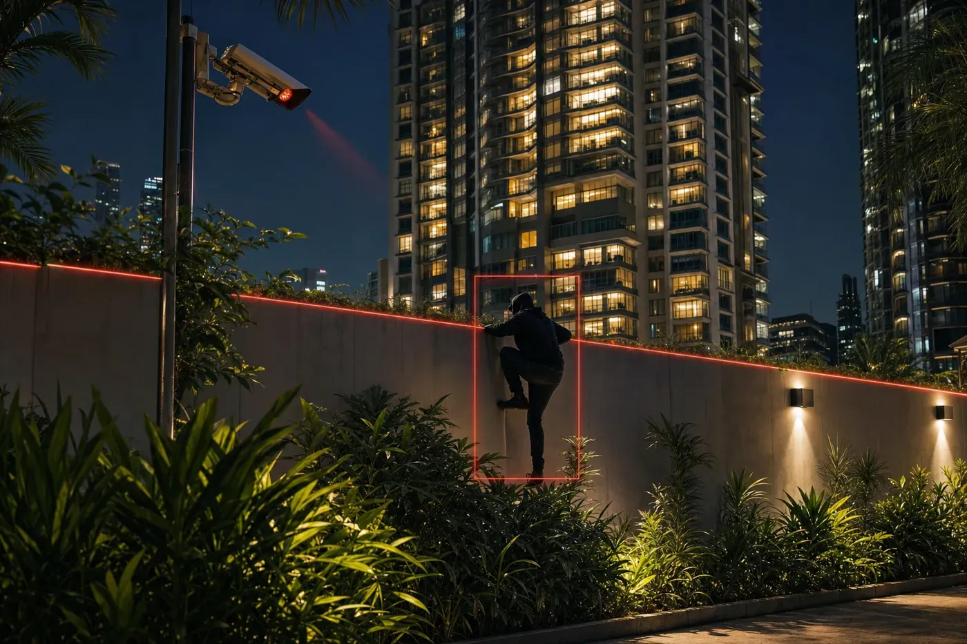 Night view of a condominium fence with a red virtual line and an intruder outlined by AI