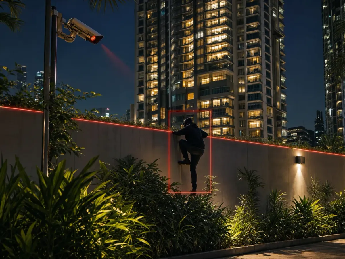 Night view of a condominium fence with a red virtual line and an intruder outlined by AI