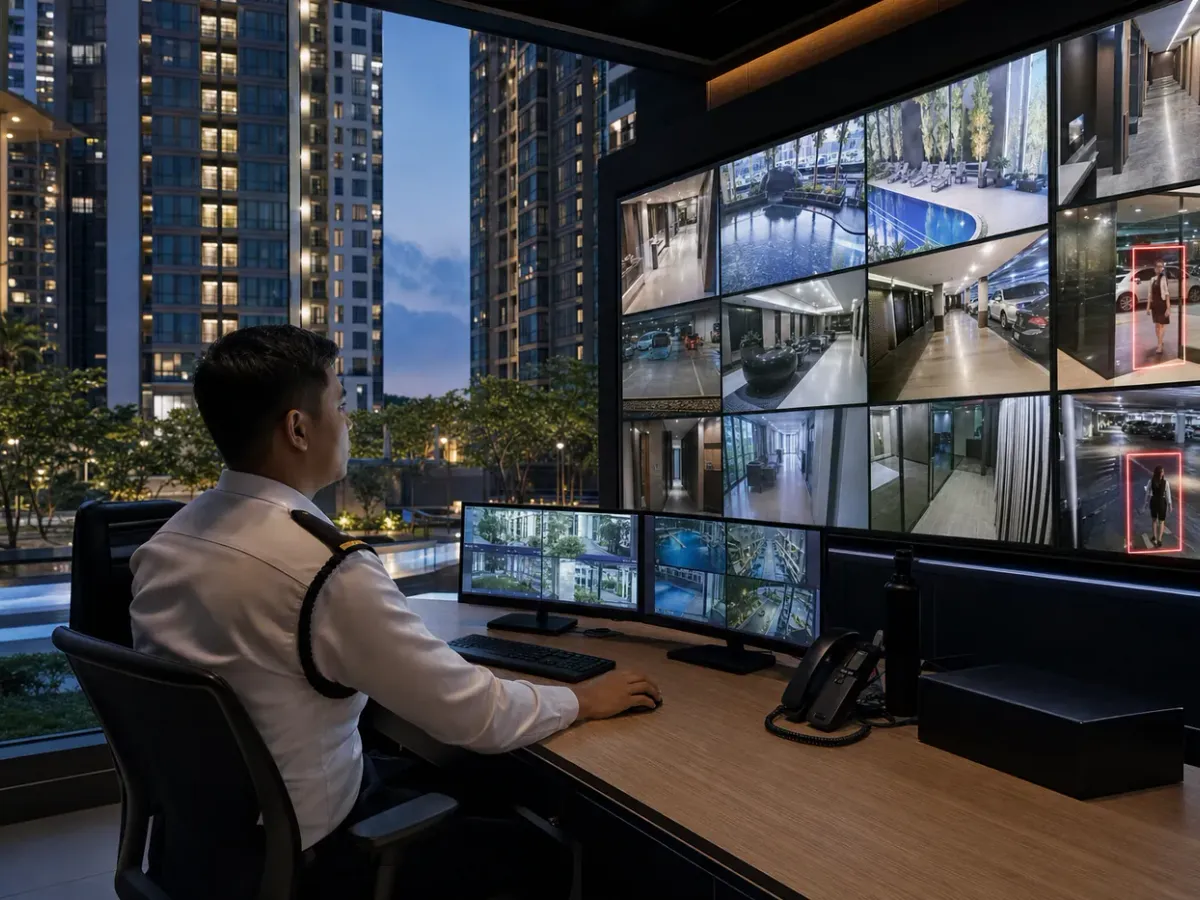 Guard in a condominium control room watching a wall of CCTV screens, one person highlighted by AI