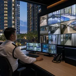 Guard in a condominium control room watching a wall of CCTV screens, one person highlighted by AI