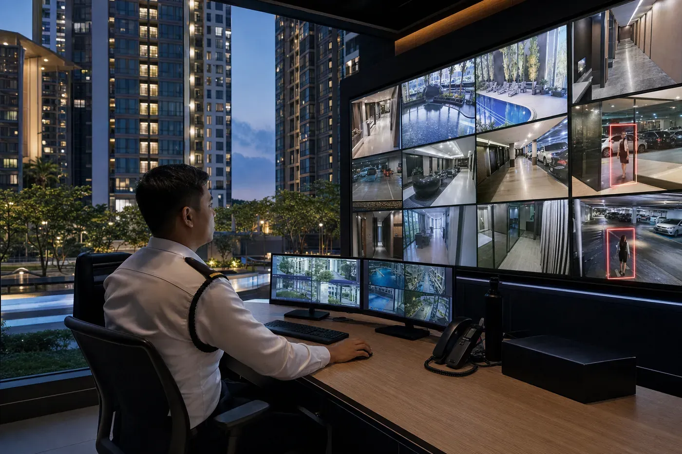 Guard in a condominium control room watching a wall of CCTV screens, one person highlighted by AI
