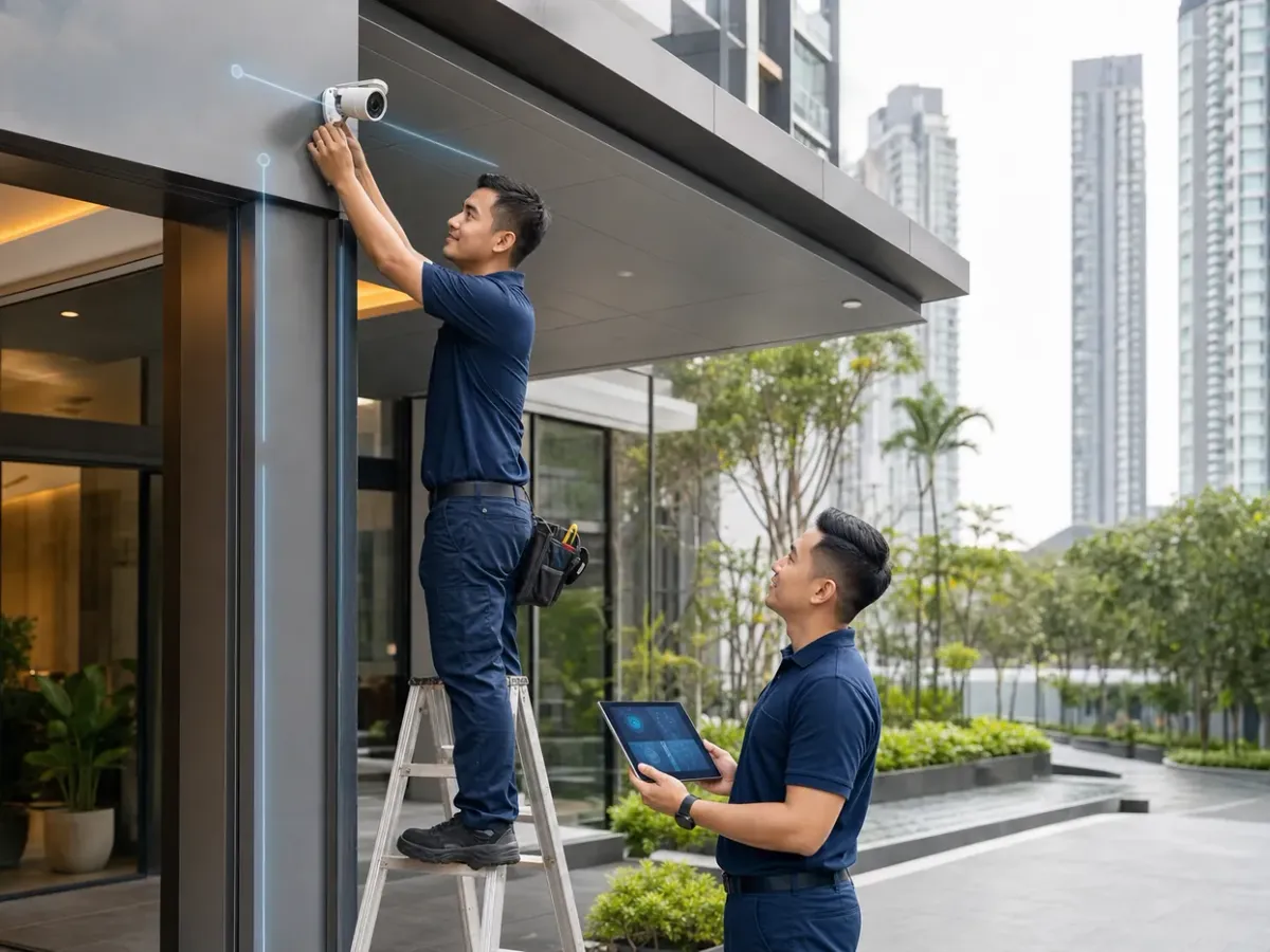 Technicians servicing a CCTV camera at a condominium lobby entrance