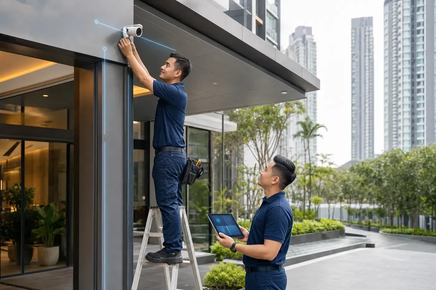 Technicians servicing a CCTV camera at a condominium lobby entrance