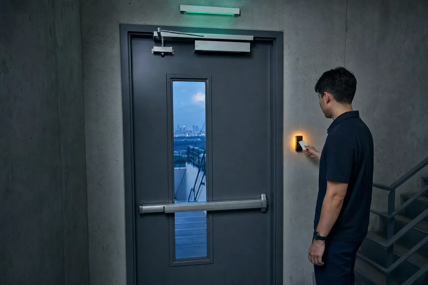 Stairwell fire door in a high-rise with a card reader and a magnetic lock
