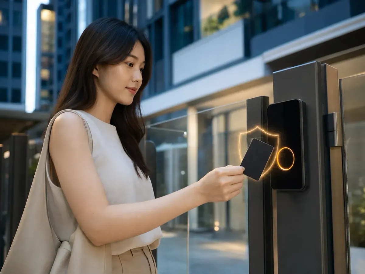 Resident tapping an encrypted access card on a reader at a condominium lobby door