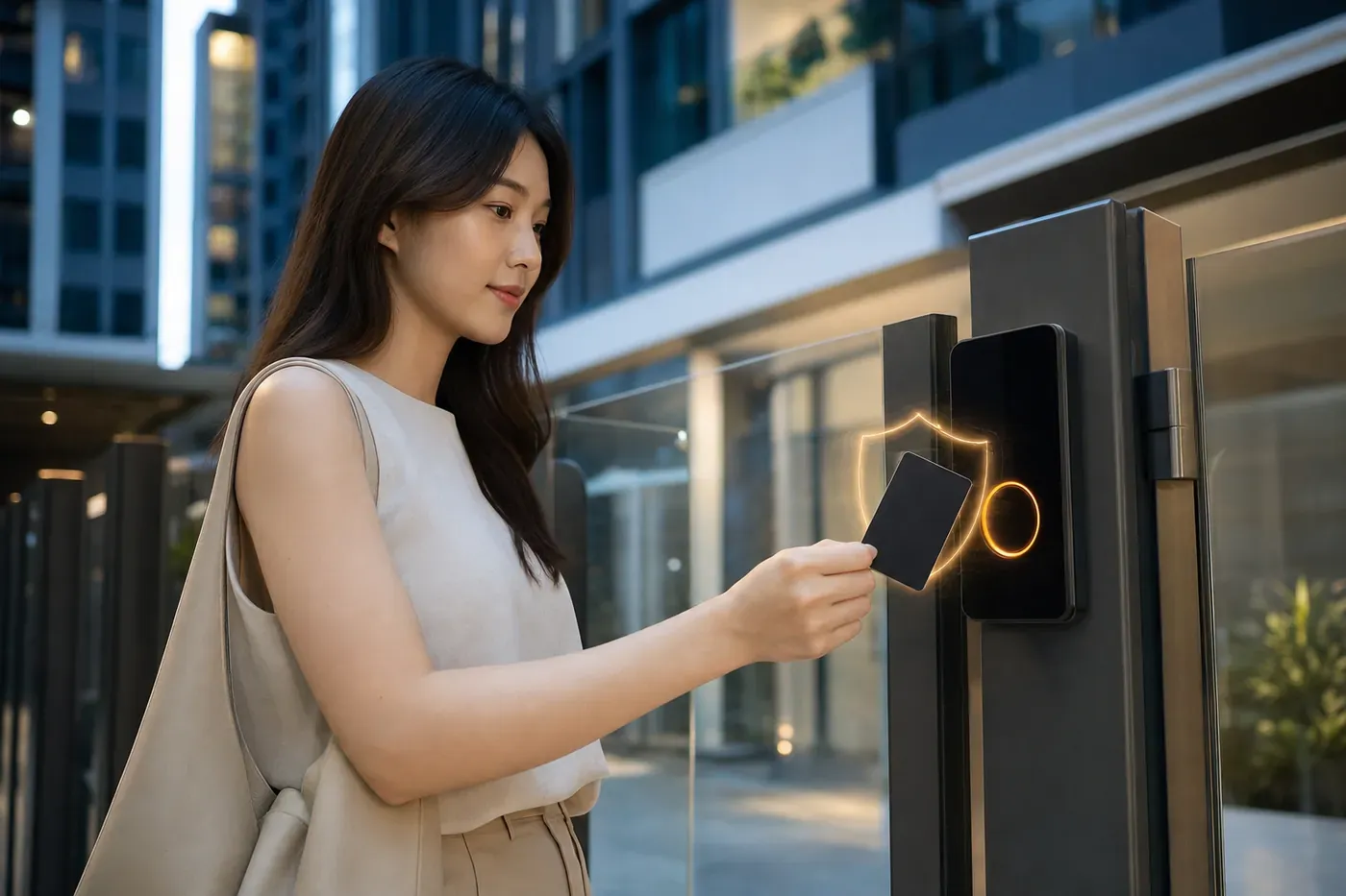 Resident tapping an encrypted access card on a reader at a condominium lobby door