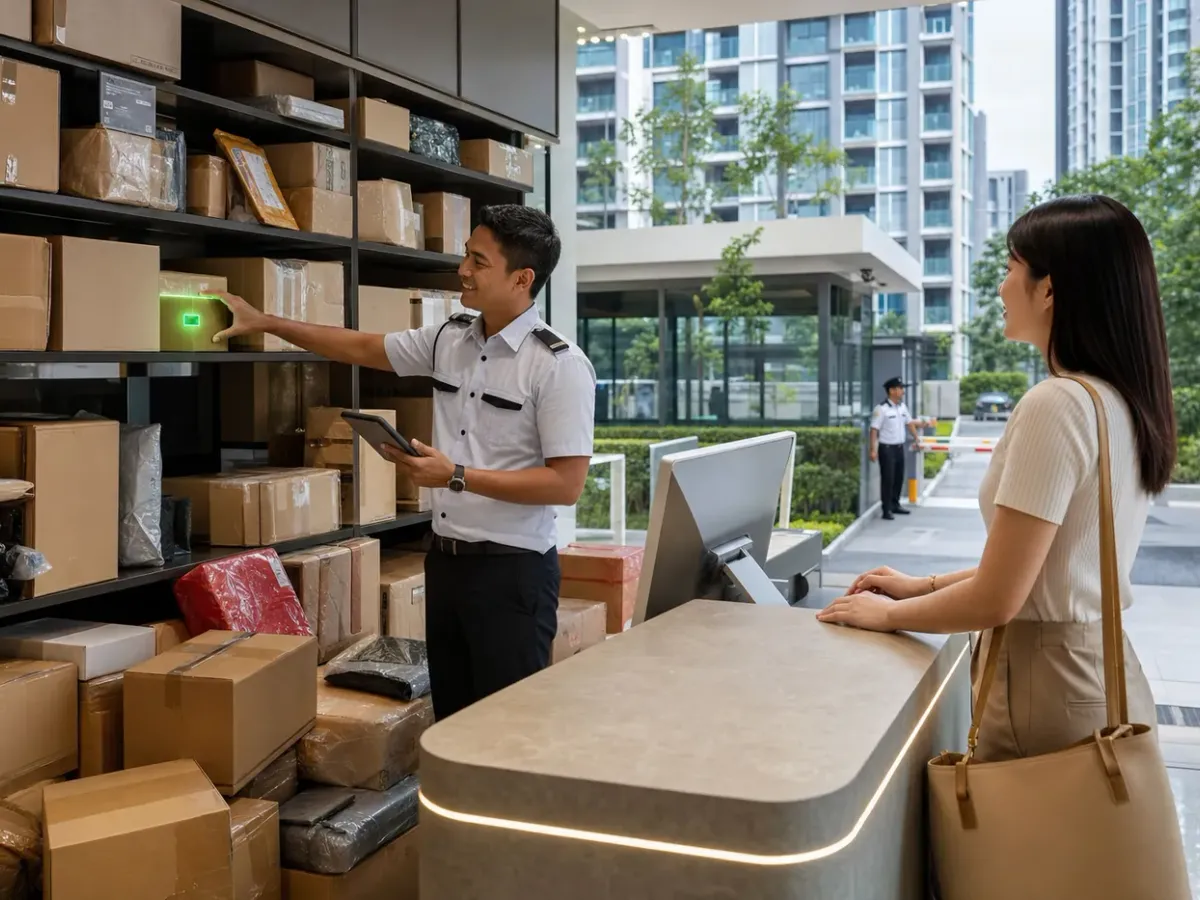 Guard picking the one parcel with a glowing LED tag while a resident waits at the counter