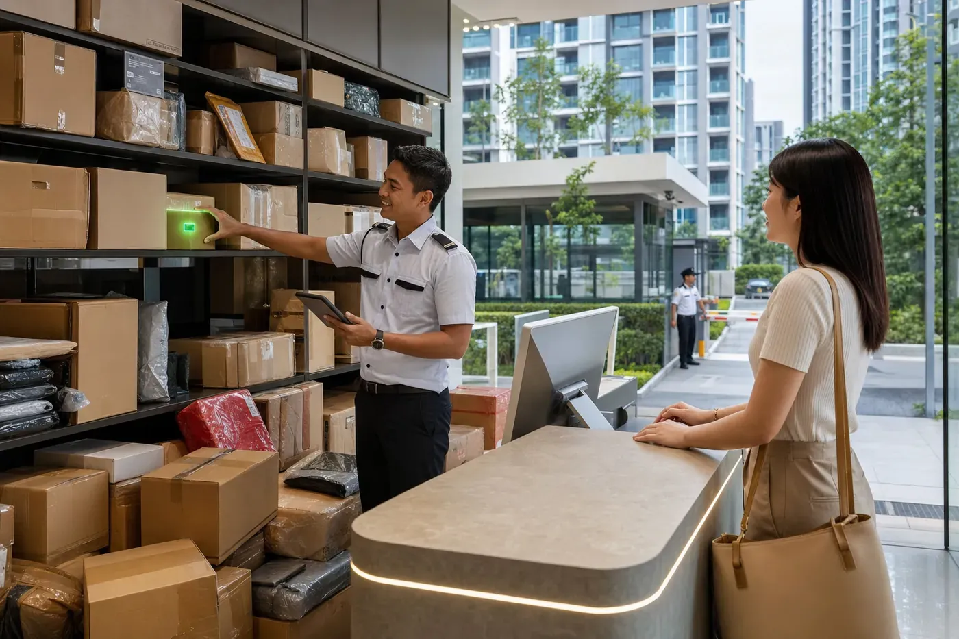 Guard picking the one parcel with a glowing LED tag while a resident waits at the counter