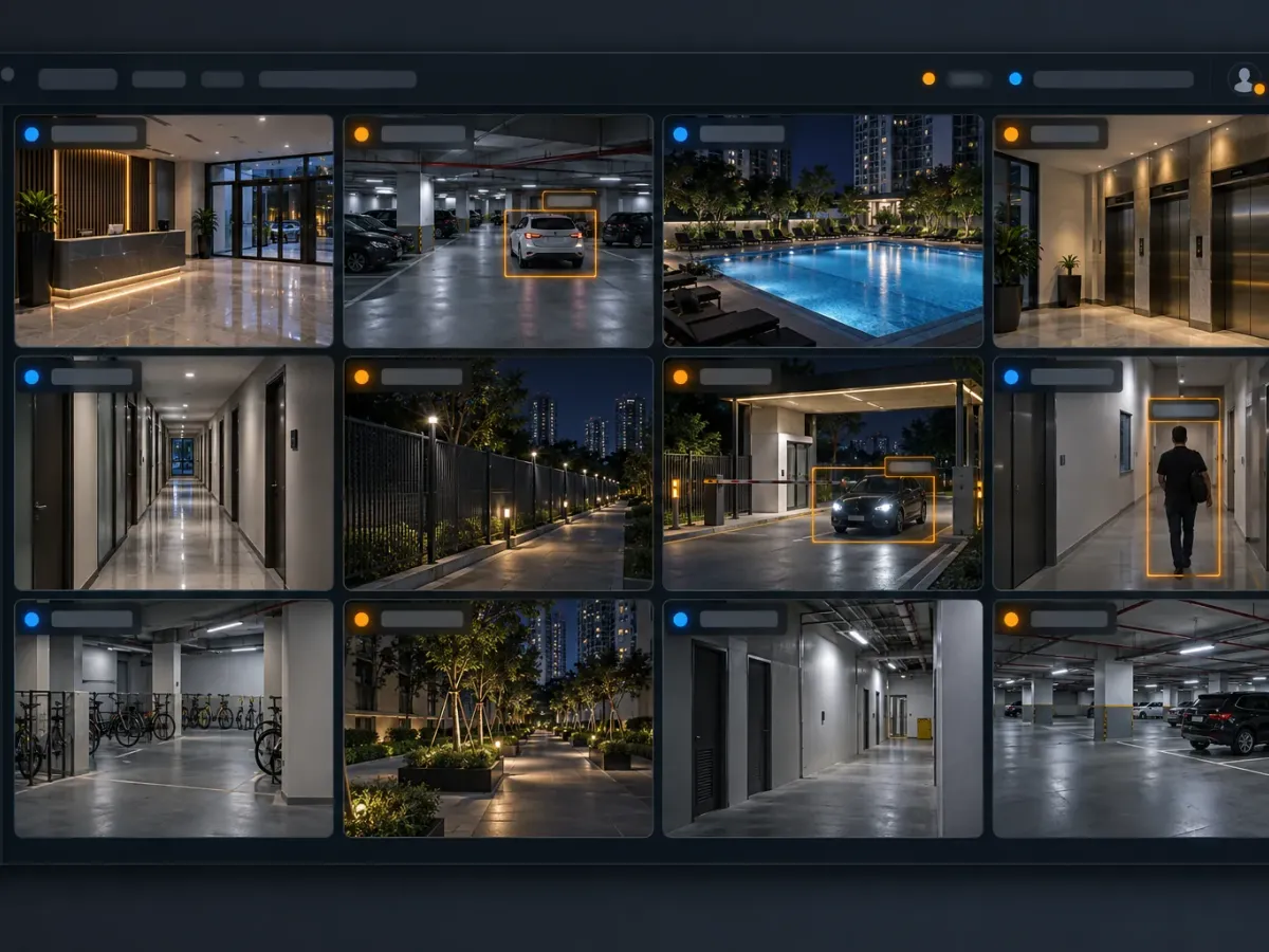 Platform screen: camera wall with AI detection boxes